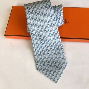 Authentic Hermes Blue Geometric Silk Tie w/ Box